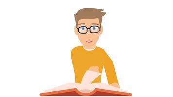 A man is reading a book. Flip through the page of a book, cartoon animation with alpha channel. video