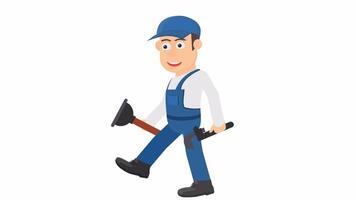 Plumber. Plumber with plunger and wrench, cartoon animation with alpha channel video