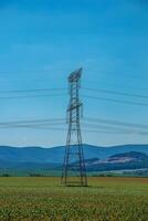 High voltage lines and power pylons in green landscape on a sunny day with clouds in the blue sky. photo