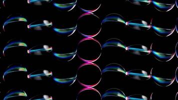 animation with surreal bubbles spheres in deformation motion process in dark transparent plastic material with neon laser plasma glowing round curve lines in rainbow color on surface video