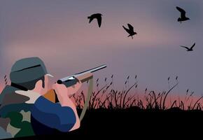A man with a gun and birds flying in the background vector
