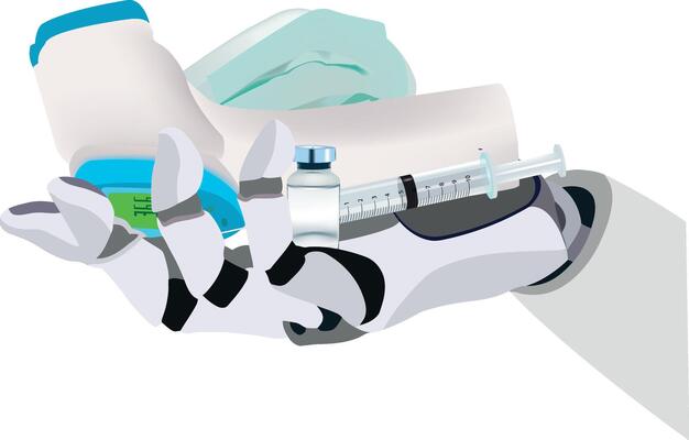 A robot hand holding a syringe and a bottle