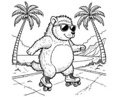 Cool Musk Ox Roller-Skating Along a Boardwalk by the Ocean , Summer coloring page vector