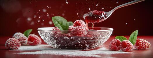 Raspberry jam in a bowl with a spoon photo