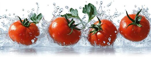 Tomatoes splashing water on white background photo