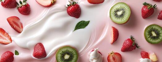 Strawberries, kiwi, and cream on a pink background photo
