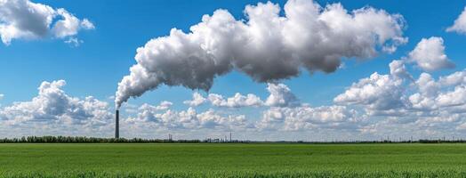 A large field with smoke coming out of a chimney photo