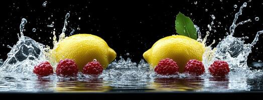 Lemon and raspberries splash water on black background photo