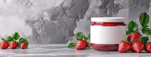 A jar of strawberry jam with a label on it photo