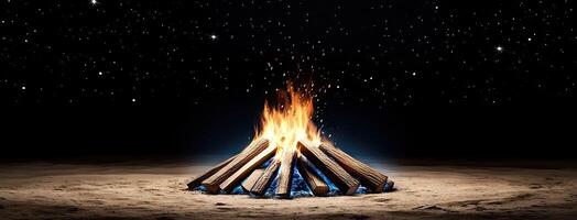 A bonfire is lit in the sand at night photo