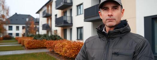 A man in a jacket and hat standing in front of a building photo