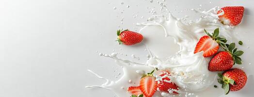 Strawberries and milk splash on white background photo