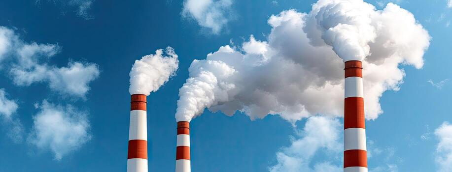 Three smoke stacks with white and red smoke coming out of them photo