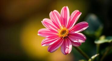 Pink flower with yellow center, set against blurred background with shades of yellow and green. photo