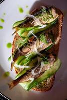 Close-up of a gourmet sandwich topped with fish fillet dill cucumber and onion on a plate photo