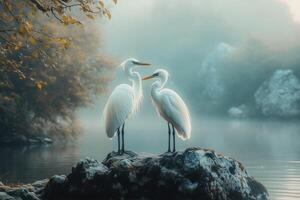 Two white herons standing on a rock in a misty lake photo