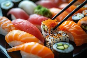Chopsticks holding uramaki with fish eggs over assorted sushi selection photo