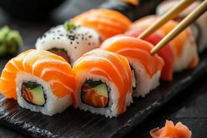 Chopsticks Holding Salmon Uramaki in a Sushi Selection photo