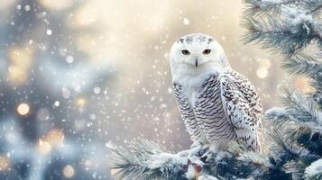 Majestic snowy owl perched on snowy pine tree branch during snowfall photo