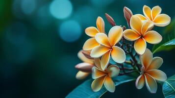 Frangipani flowers blooming in springtime with blurred background photo