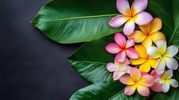 Colorful frangipani flowers resting on tropical leaves creating a vibrant display photo