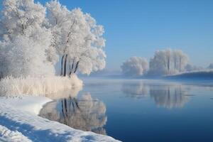 Frozen trees reflecting in a winter river at sunrise photo