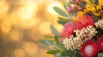Vibrant Australian Native Flowers Blooming in Springtime with Golden Bokeh Background photo