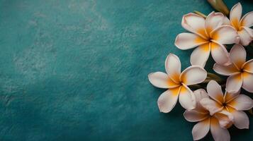 White and yellow frangipani flowers lying on turquoise textured background photo