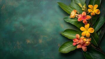 Vibrant frangipani flowers and leaves creating a stunning tropical border on green background photo