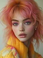 Young woman with colorful hair and pink eyeshadow posing in studio photo