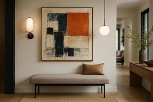 A modern art piece hangs above a bench in a hallway photo