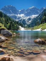 Pristine alpine lake reflecting majestic snow-capped mountains in the Dolomites photo