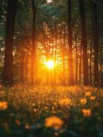 Golden sunset illuminating forest clearing with wildflowers photo