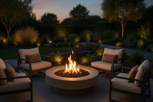 A fire pit in a backyard with chairs and a table photo