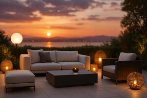 Outdoor furniture at sunset with a view of the ocean photo