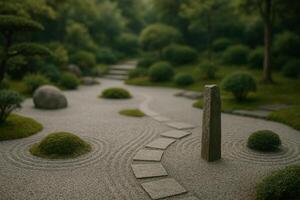 A stone path in a japanese garden with rocks and grass photo