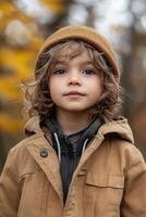 Portrait of young boy wearing warm clothes posing in autumnal forest photo