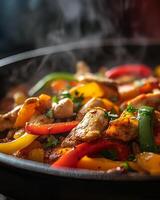 Steaming hot chicken fajitas with bell peppers in a pan photo