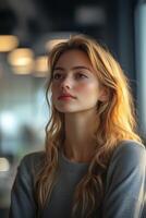Blonde woman looking up, posing in a soft light photo