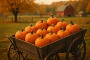 A wagon full of pumpkins sits in front of a barn photo
