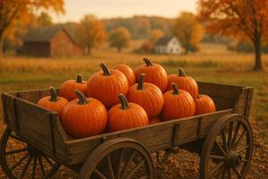 A wagon full of pumpkins sits on a field photo