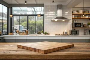 wooden platform in modern kitchen with natural light, showcasing stylish and inviting atmosphere photo