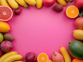 fresh fruits and vegetables arranged in a circle on a pink background photo