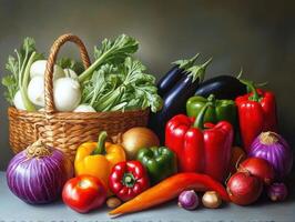 a painting of vegetables and fruits in a basket photo