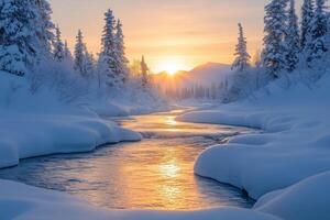 Golden Sunrise Illuminating Snowy River and Forest Landscape photo