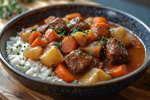 Delicious classic beef stew with carrots and potatoes served with rice photo