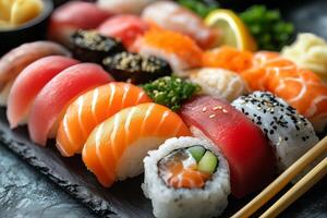 Delicious assorted sushi selection with chopsticks on black slate photo