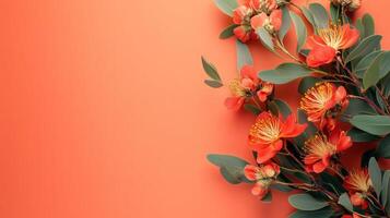 Vibrant Red Flowers and Eucalyptus Leaves Creating Springtime Border on Coral Background photo