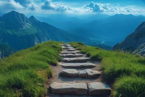 Stone path leading to breathtaking mountain vista under blue sky photo