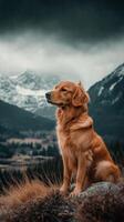 Golden retriever sitting on a rock enjoying mountain view photo